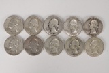 10 Washington Silver Quarters, various dates/mints