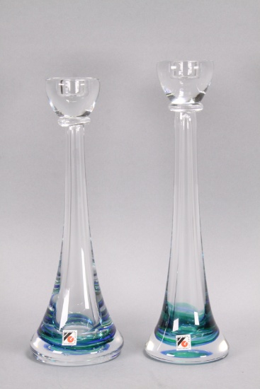 Art Glass Green/Blue/Clear Candlesticks, Czech Republic