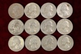 12 Washington Silver Quarters; various dates/mints