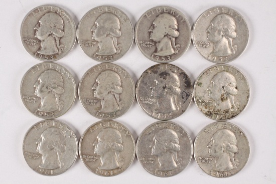 12 Washington Silver Quarters, various dates/mints