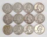 12 Washington Silver Quarters, various dates/mints