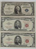 1935E Blue Seal Silver Certificate + 2-1963 $5 Red Seal Notes