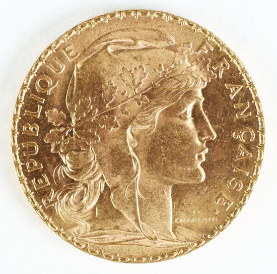 1910 Gold 20 Francs Rooster Coin; Republique of Francaise