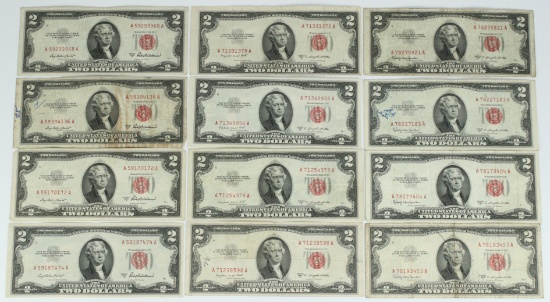 12 - 1953 $2 Red Seal Notes; 4-1953A, 4-1953B, 4-1953C