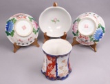Asian Floral Porcelain Brush Pot & 3 Floral Rice Bowls