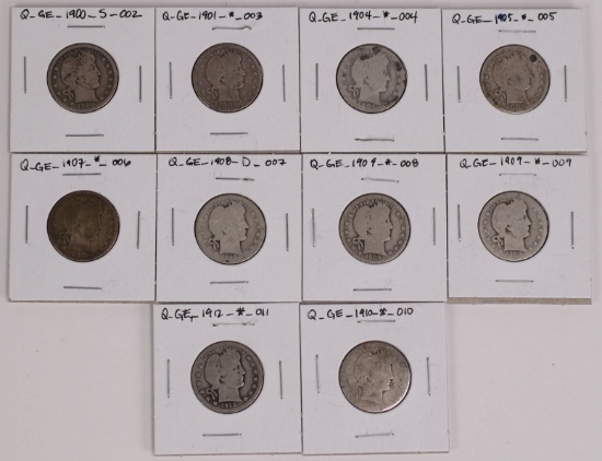 10 Barber Quarters, various dates/mints