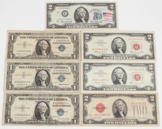 3 $1 Blue Seal Notes (1935G,1957,1957B) + 4 $2 Red Seal Notes (1928G,