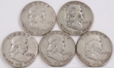 5 Franklin Silver Half Dollars; 1949 S,2-1950 P/D,2-1951 P/D