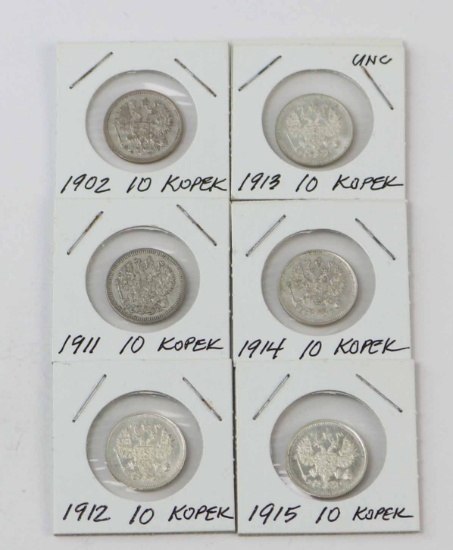 6 - Russia 10 Kopek Silver Coins; 1902,1911,1912,1913,1914,1915