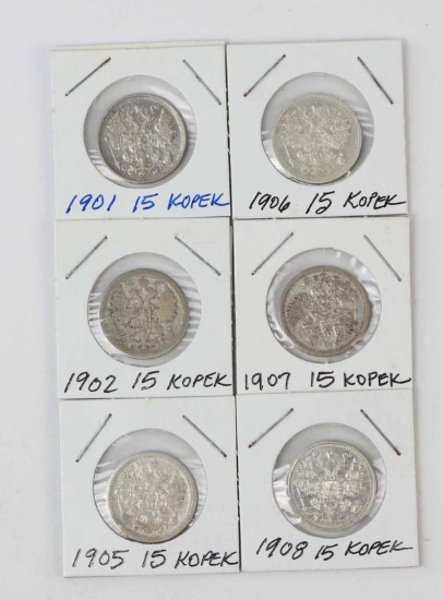 6 - Russia 15 Kopek Silver Coins; 1901,1902,1905,1906,1907,1915
