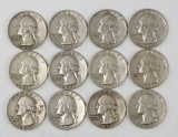 12 Washington Silver Quarters; various dates/mints