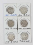 6 - Russia 15 Kopek Silver Coins; 1901,1902,1905,1906,1907,1915