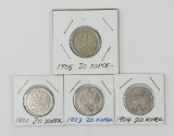 3 - Russia 20 Kopek Silver Coins;1901,1903,1904 + 1905 Russia 20 Kopek Silver Coins