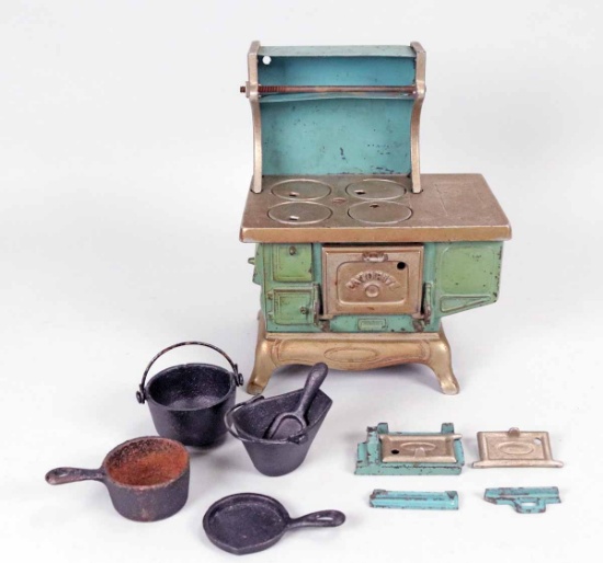 Cast Iron Miniature Wood Stove w/ Pots, Pans, Coal Scuttle