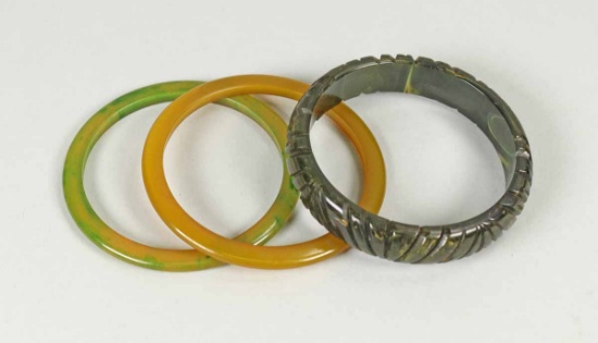 Bakelite Bangle Bracelets - Greens & Amber Colors