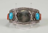 Large Silver Cuff w/ 4 Turquoise & 2 Coral Stones, Beaded Edge