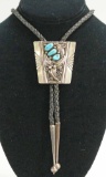 Large Silver Trapezoid w/ Leaves - Scrolls, 3 Turquoise Stones  Bolo Tie