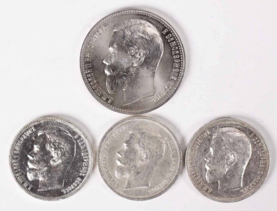 4 Silver Russia 50 Kopeks; 1902,1911,1912,1913