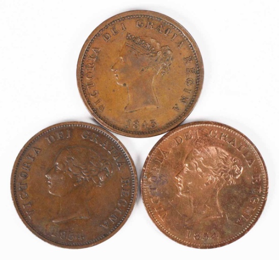 2 1854 Victoria Dei Gratia One Penny Currency + 1843Victoria Dei Gratis One Penny Token