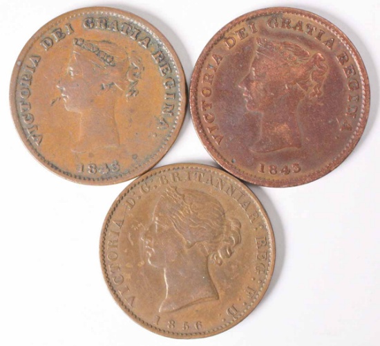 3 Victoria D.G. Britannia Half Penny Tokens; 1843, 1845,1856