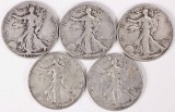 5 Walking Liberty Half Dollars; 1936D,1937S,1938P,1939S,1942S
