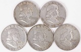 5 Franklin Half Dollars; 1954D,1957D,1960D,1962D,1963D