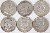 6 Franklin Half Dollars; 1952S,1953D,1954P,1954D,1956P,1957P