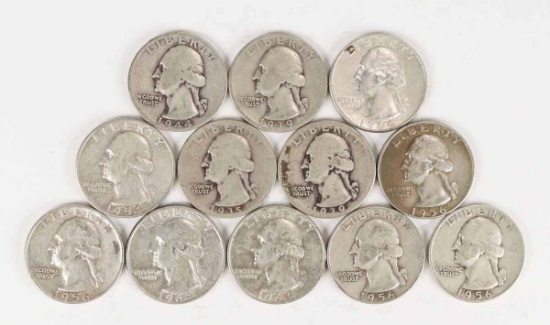 12 Washington Silver Quarters; various dates/mints