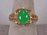 14k Gold Ladies Jade Ring w/ Diamond Accents & Filigree, Sz. 8, 4.9 Grams