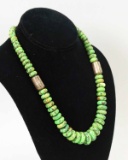 Southwest Style Green Beaded Disc Necklace, .925 Clasp