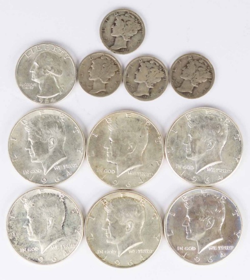 6 1964 Kennedy 90% Half Dollars + 1964 Silver Washington Quarter & 4 Mercury Dimes
