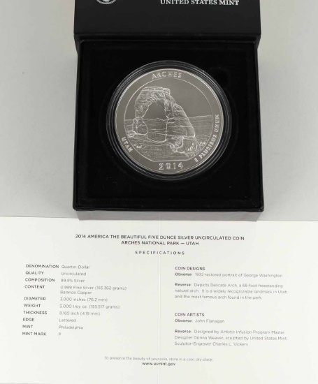 2014 ATB Arches National Park Utah 5 oz Silver Coin w/COA & Box
