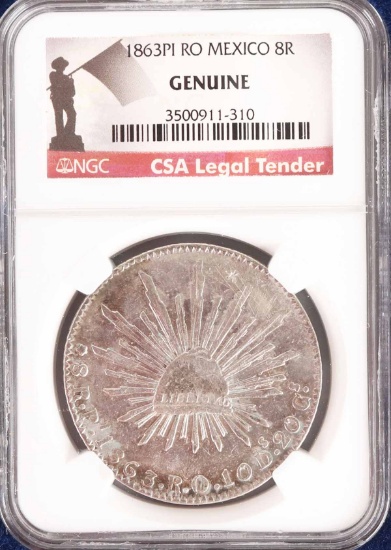1863 PI RO Mexico 8 Reales Silver Coin, NGC (Genuine)