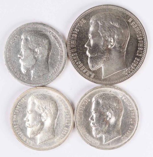 4 Silver Russia 50 Kopeks; 1899,1902,1912,1913