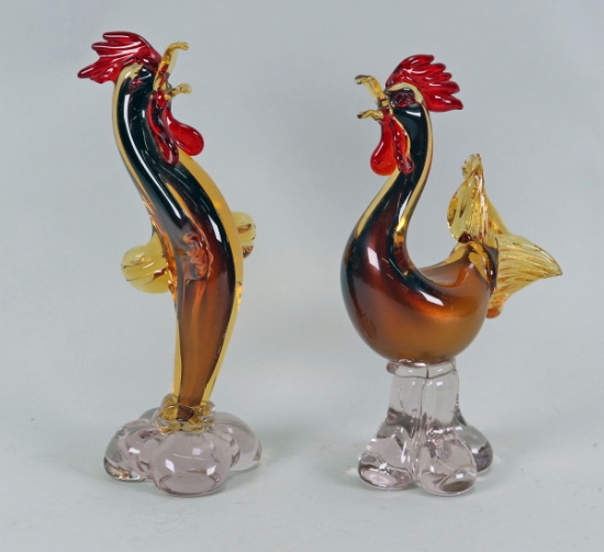 Murano Style Art Glass Chickens - Birds