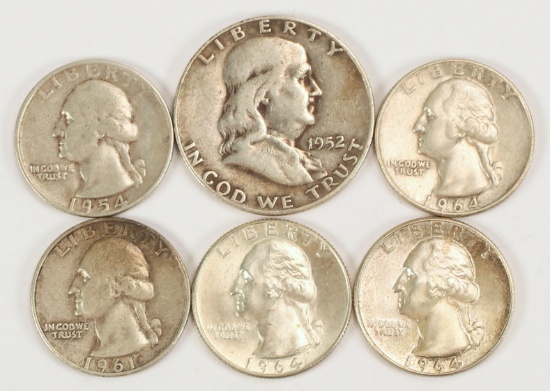 1952-D Franklin Silver Half & 4 Washington Silver Quarters (1954,1961,3-1964)