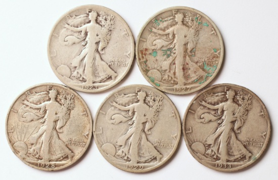 5 Walking Liberty Silver Half Dollars, 1923-S,1927-S,1928-S,1929-S,1933-S