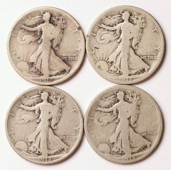 4 Walking Liberty Silver Half Dollars, 1917-P,1917-S,1918-P,1918-S