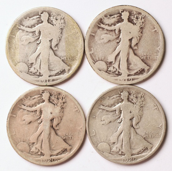 4 Walking Liberty Silver Half Dollars, 1918-D,1919-S,1920-P,1920-S