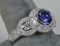 .925 Ring w/Round Blue Colored Stone & CZ Stones, Sz. 9
