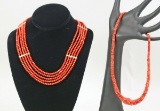 Coral Colored Beaded Necklace, Polished Disc Necklace