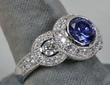 .925 Ring w/Round Blue Colored Stone & CZ Stones, Sz. 9