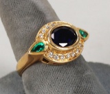 Gold Plated .925 Ring w/Center Blue Stone and Green & CZ Stones, Sz. 9