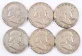 6 Franklin Half Dollars; 1954-S,1956-P,1957-P,1957-D,1958-P,1958-D