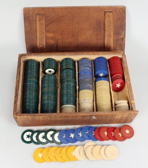 Old Poker Chips in Wooden Box