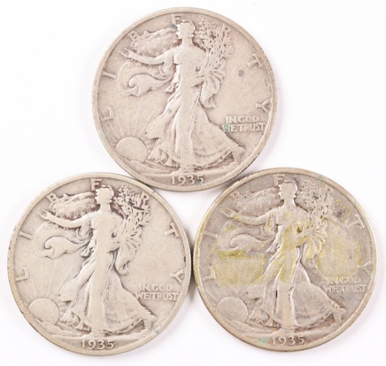 3 Walking Liberty Silver Half Dollars; 1935,1935-S,1935-D