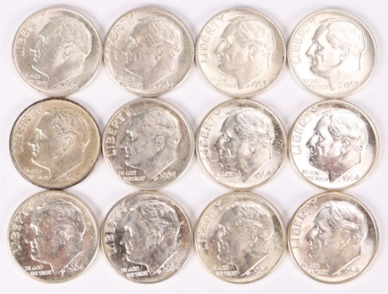 12 Roosevelt Silver Dimes; 6-1963-D & 6-1964-D
