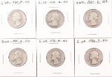 6 Washington Silver Quarters; 1934P,1935P,1935D,1935S,1936P,1936D