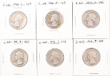 6 Washington Silver Quarters; 1939S,1940P,1940S,1941P,1941D,1941P