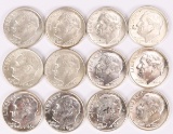 12 Roosevelt Silver Dimes; 6-1963-D & 6-1964-D